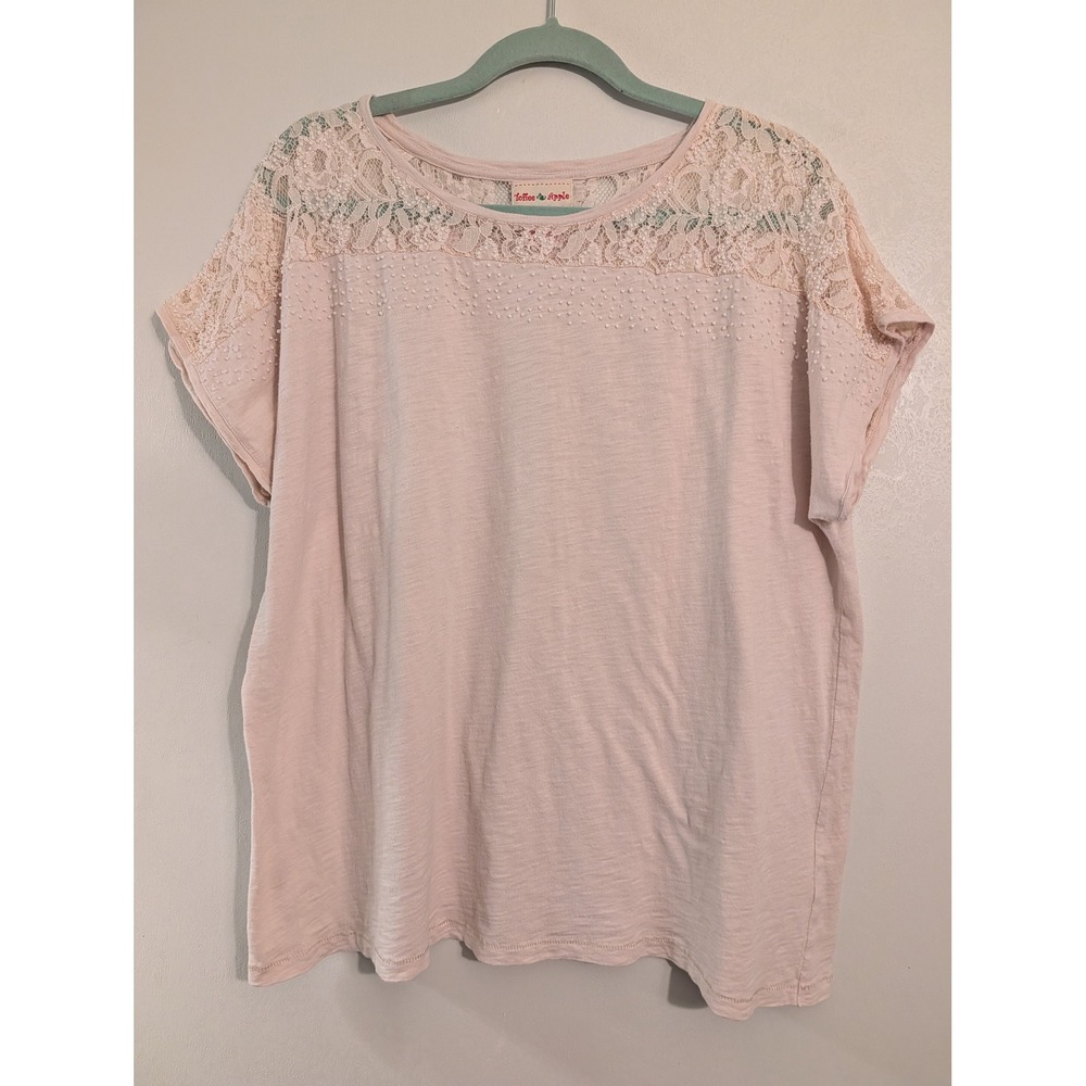 Toffee Apple Pink Lace Pearl Embellished Short Sleeve Top XXL Slub Cotton Womens